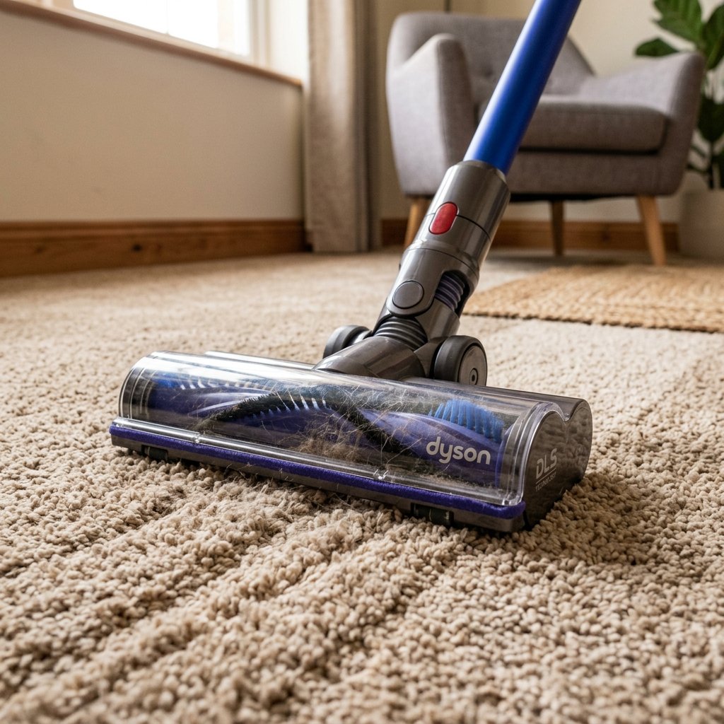 Shark DuoClean dual brushbars picking up deep debris from plush carpet.