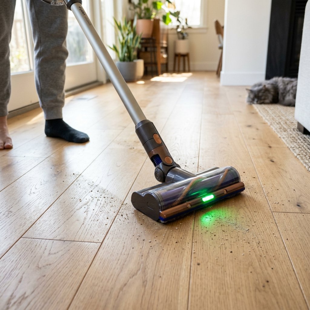 Tineco Floor One wet-and-dry roller washing muddy tracks off hardwood floor.
